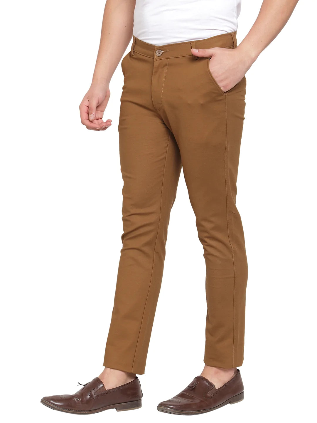 Men Brown Slim Fit Solid Regular Trousers
