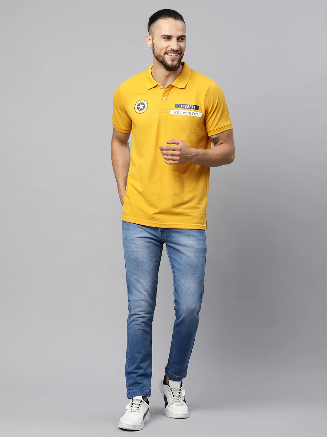 Men Mustard Yellow Typography Polo Collar Applique T-shirt