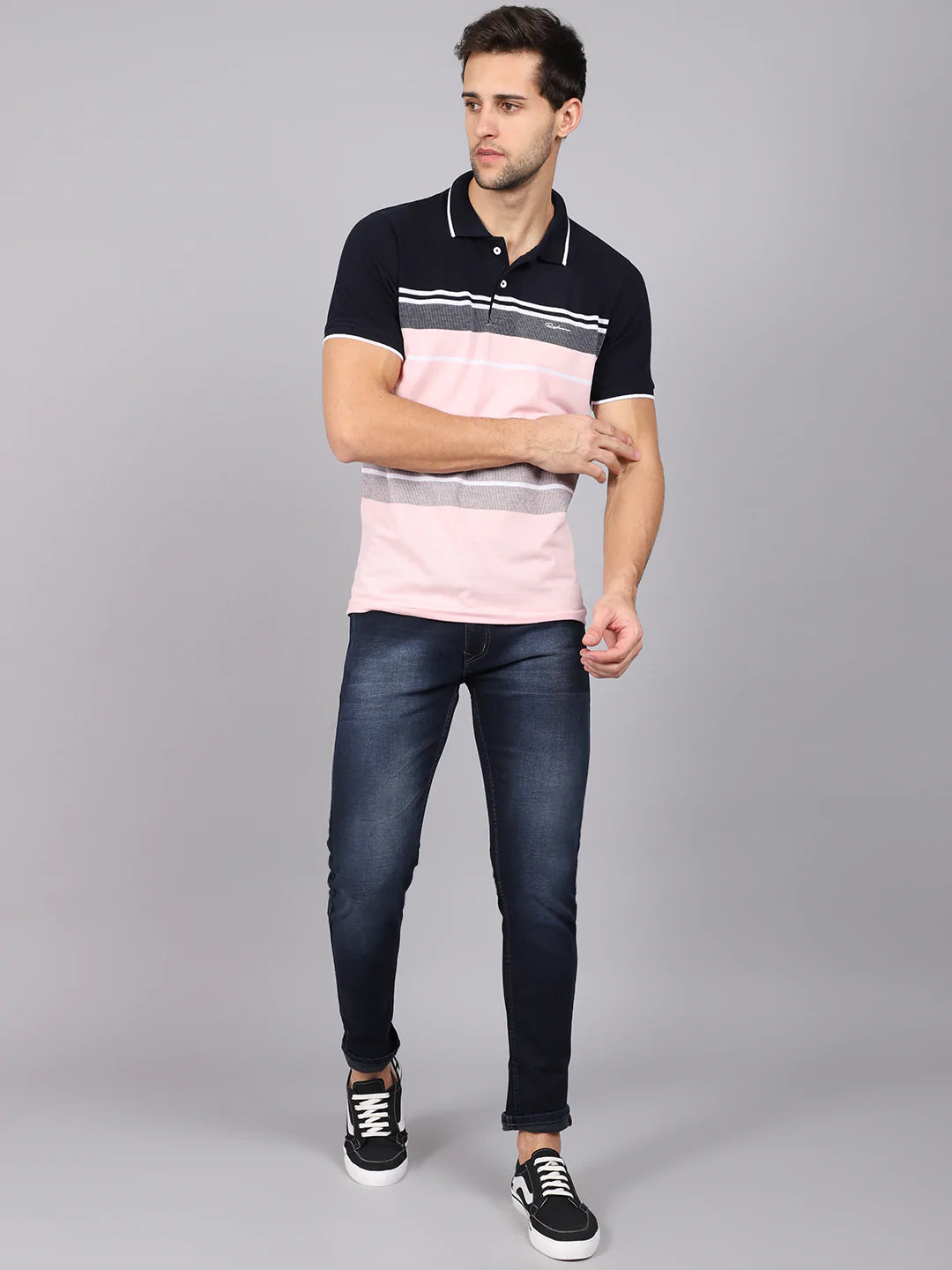 Men Pink  Black Striped Polo Collar Slim Fit T-shirt