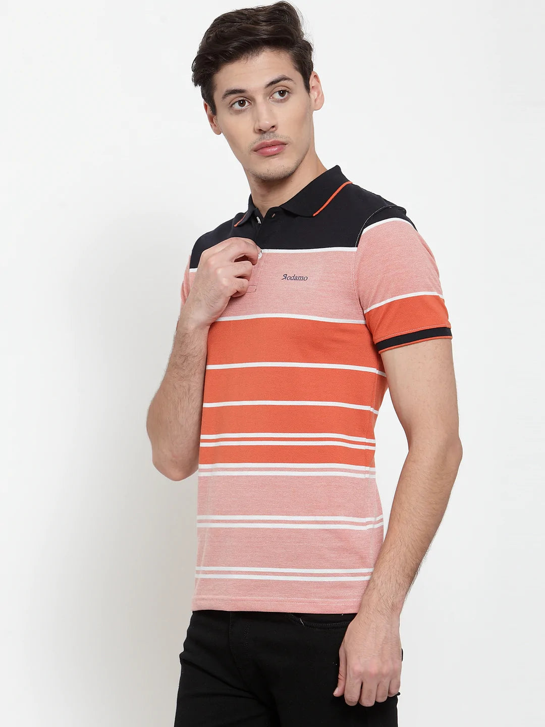 Men Orange  Black Striped Polo Collar T-shirt