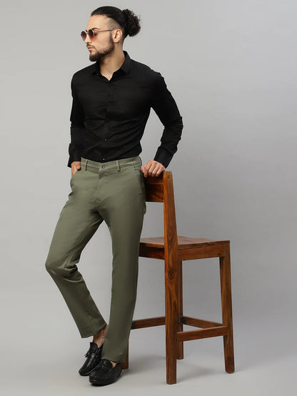 Men Olive Green Solid Slim Fit Regular Trousers