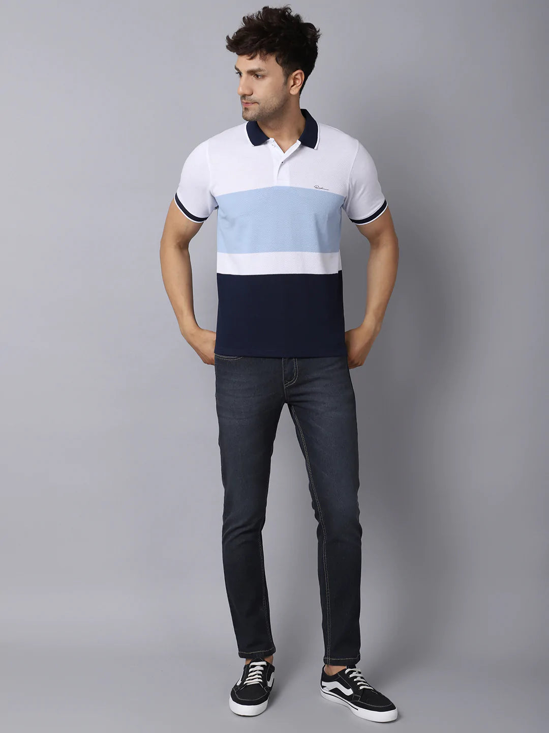 Men Multicoloured Striped Polo Collar Slim Fit T-shirt