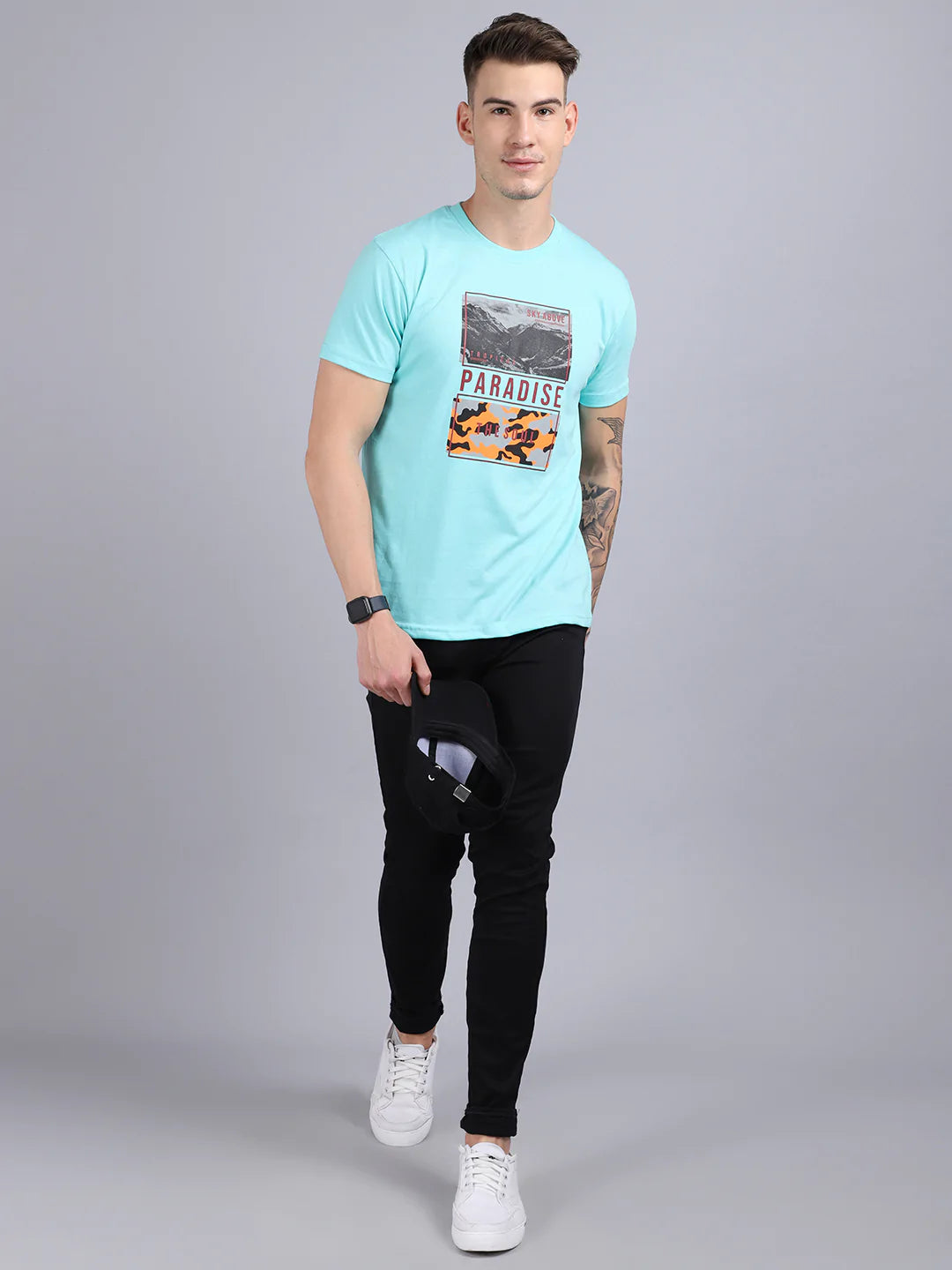 Men Green Typography Printed Slim Fit Cotton T-shirt