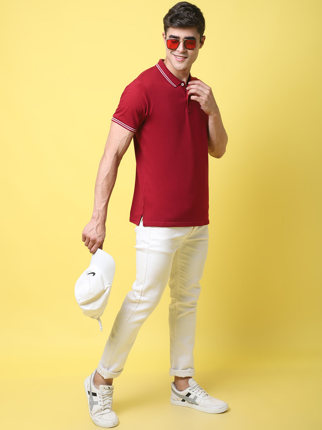 Typography Back Printed Polo Collar Slim Fit Cotton T-shirt