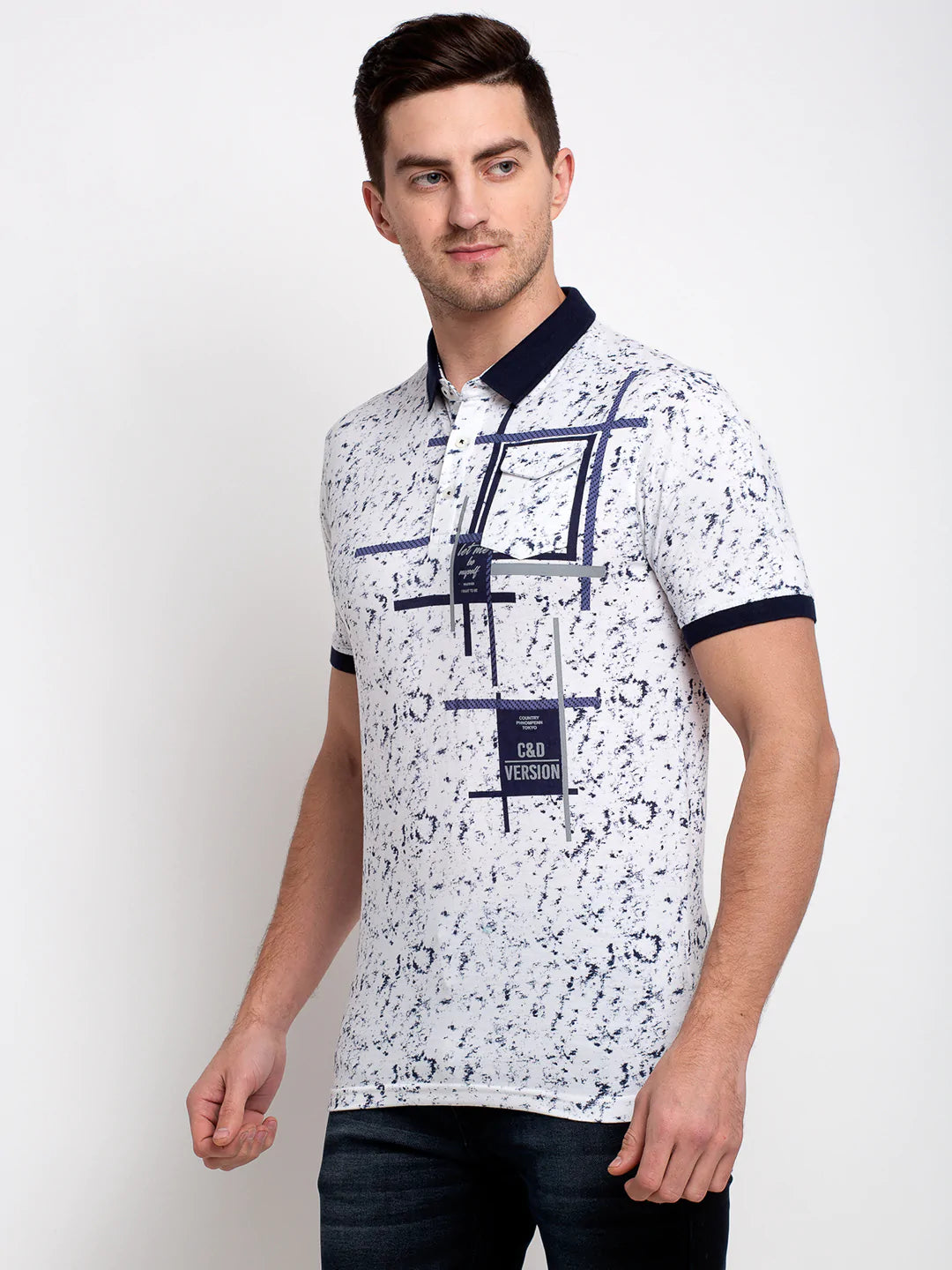 Men White Printed Polo Collar T-shirt
