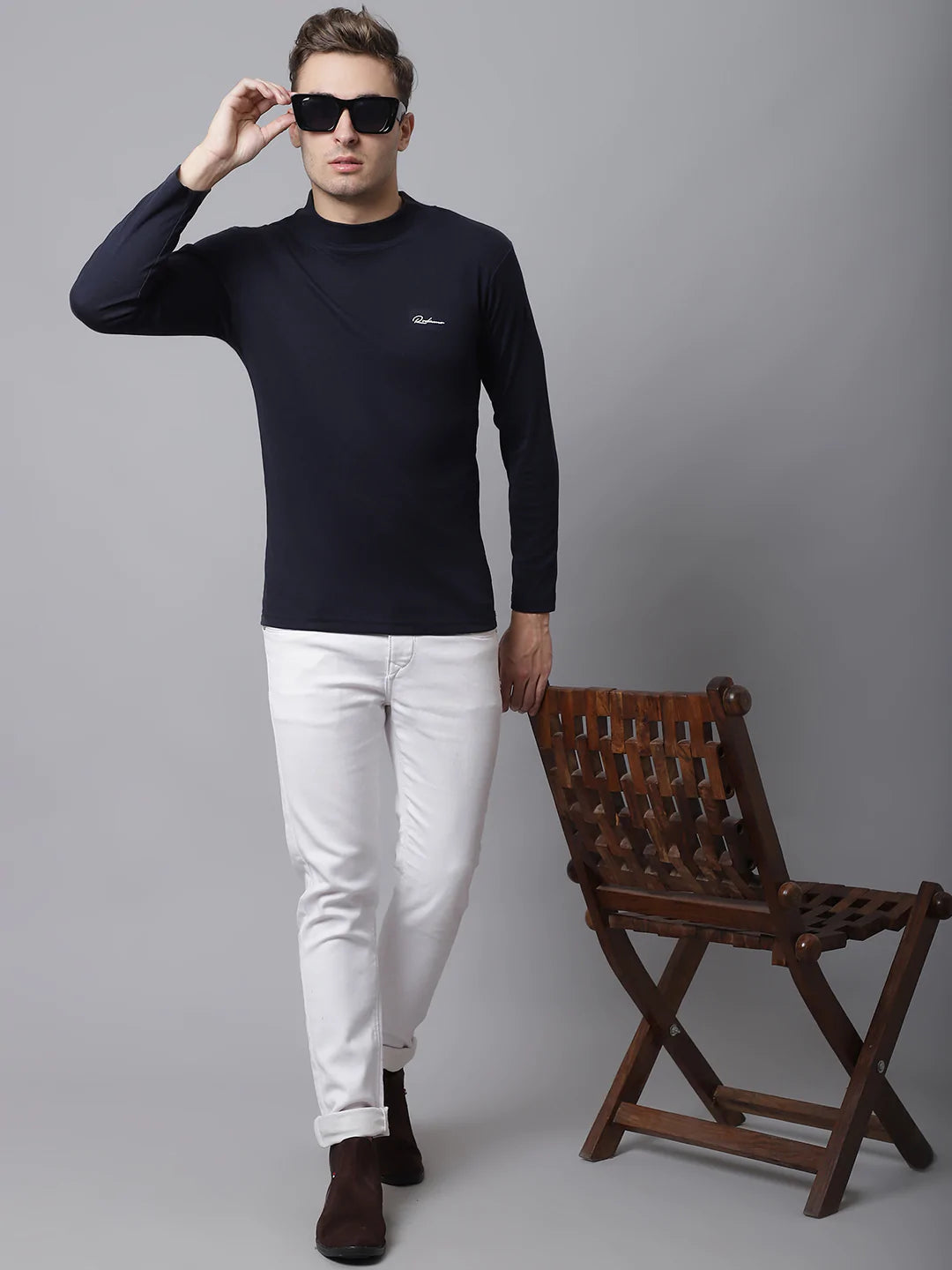 Men Navy Blue High Neck Slim Fit T-shirt
