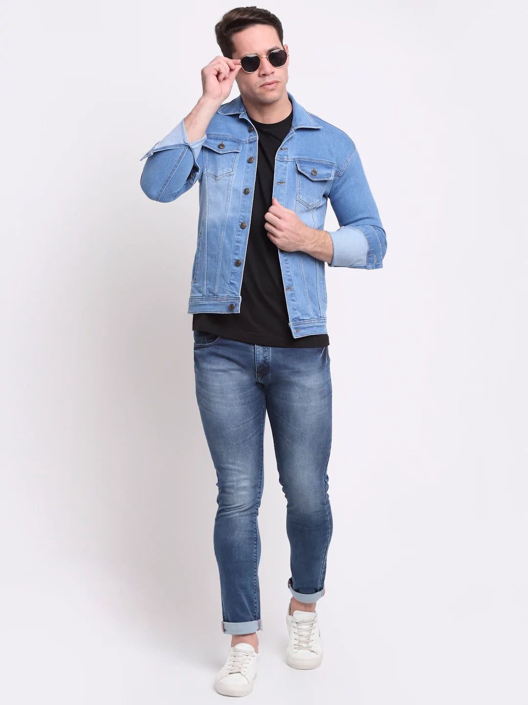 Men Blue Washed Denim Jacket with Patchwork