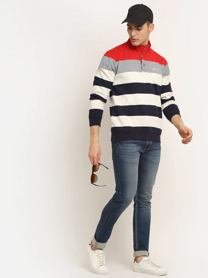Men Multicoloured Striped Fleece Sweatshirt