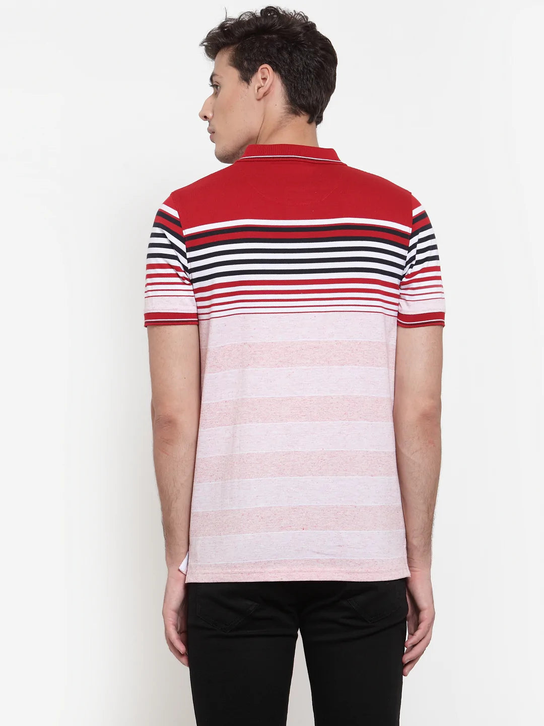 Men Red  Pink Striped Polo Collar T-shirt