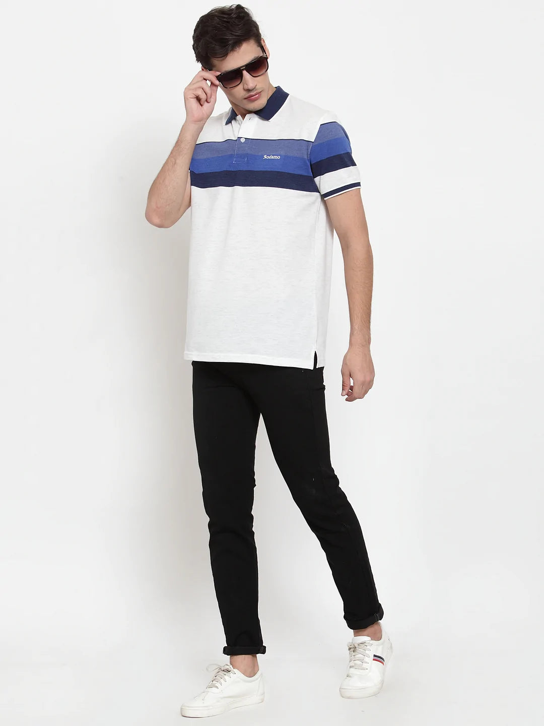 Men White  Blue Striped Polo Collar T-shirt
