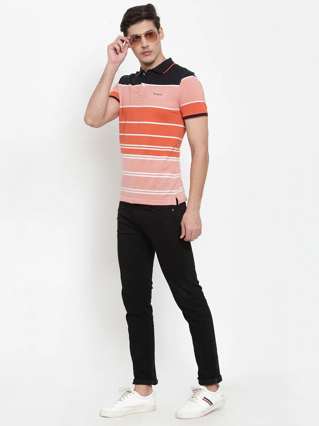 Men Orange  Black Striped Polo Collar T-shirt