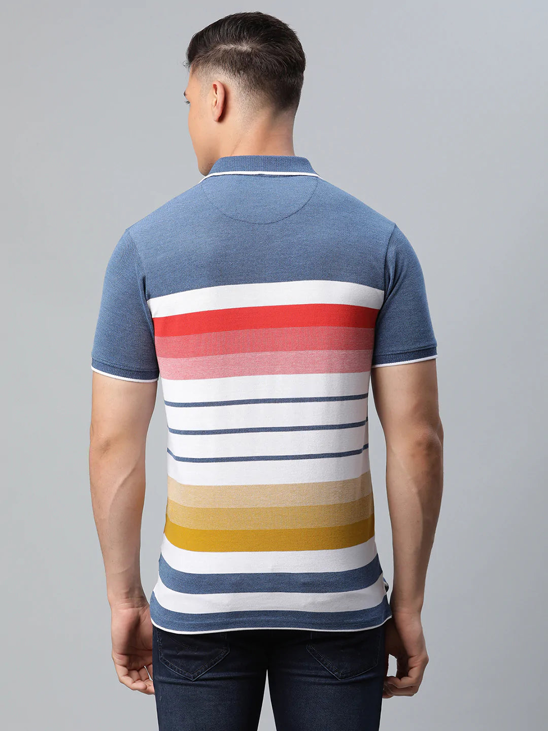 Men White  Blue Striped Polo Collar Slim Fit T-shirt