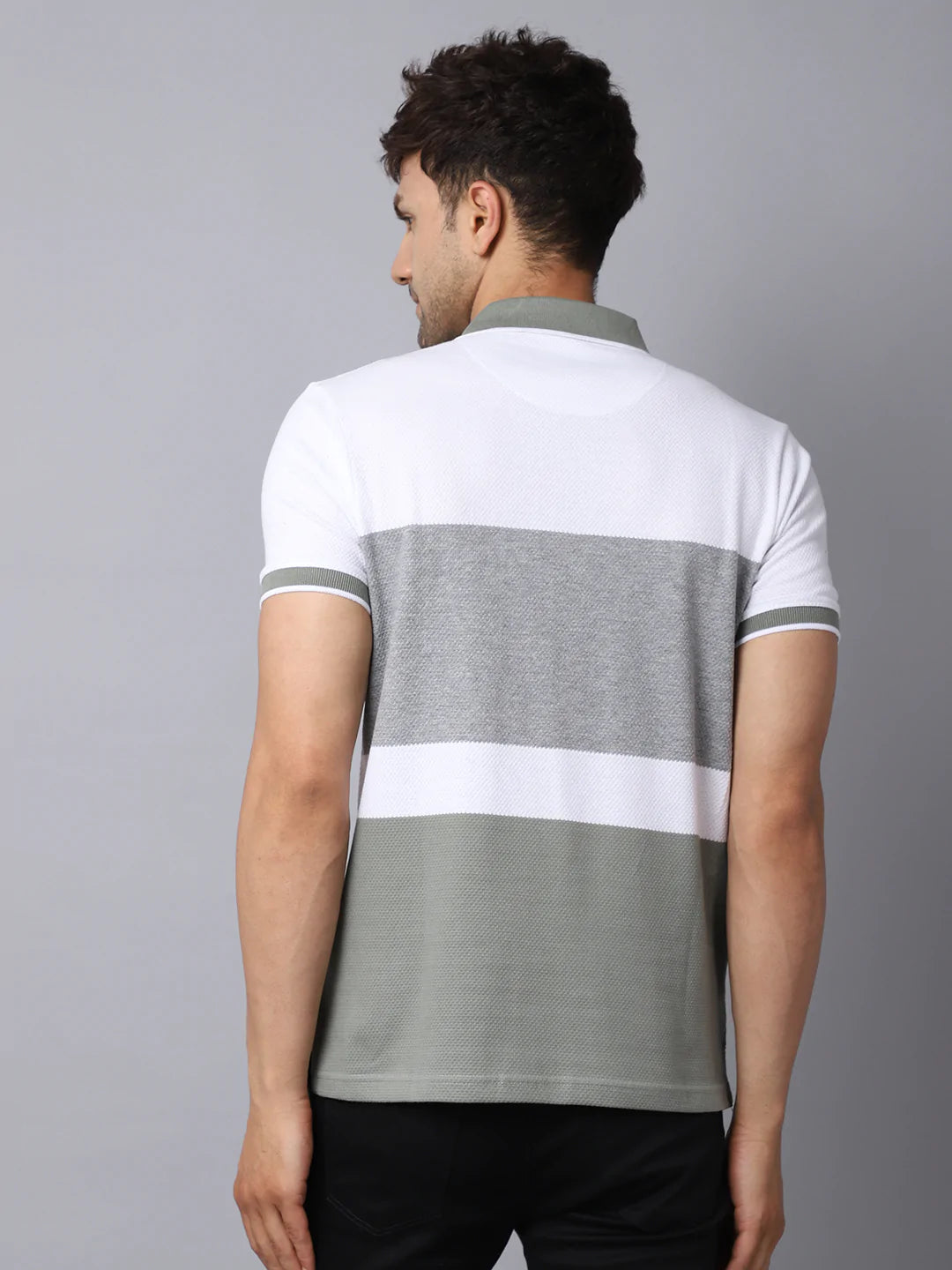 Men White  Grey Striped Polo Collar Slim Fit T-shirt