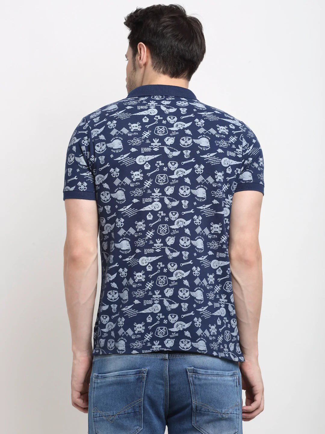 Men Navy Blue  White Printed Polo Collar Slim Fit T-shirt