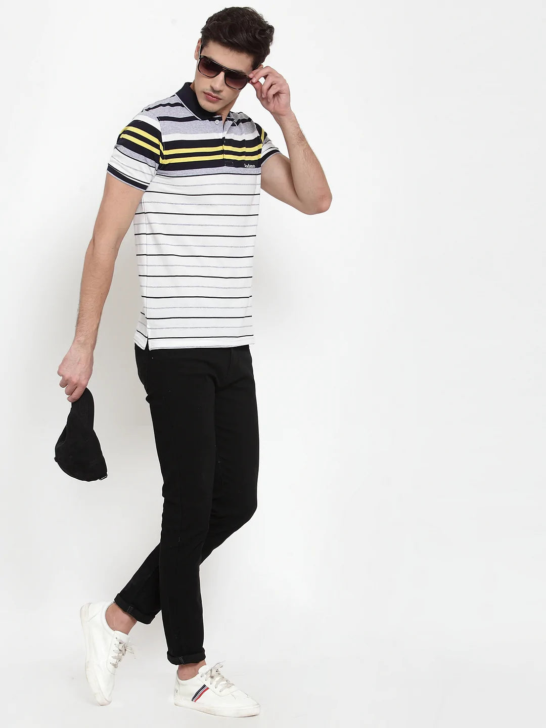 Men White  Grey Striped Polo Collar T-shirt