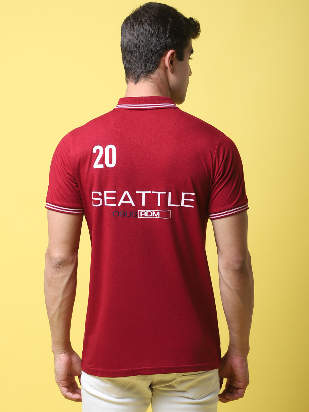 Typography Back Printed Polo Collar Slim Fit Cotton T-shirt