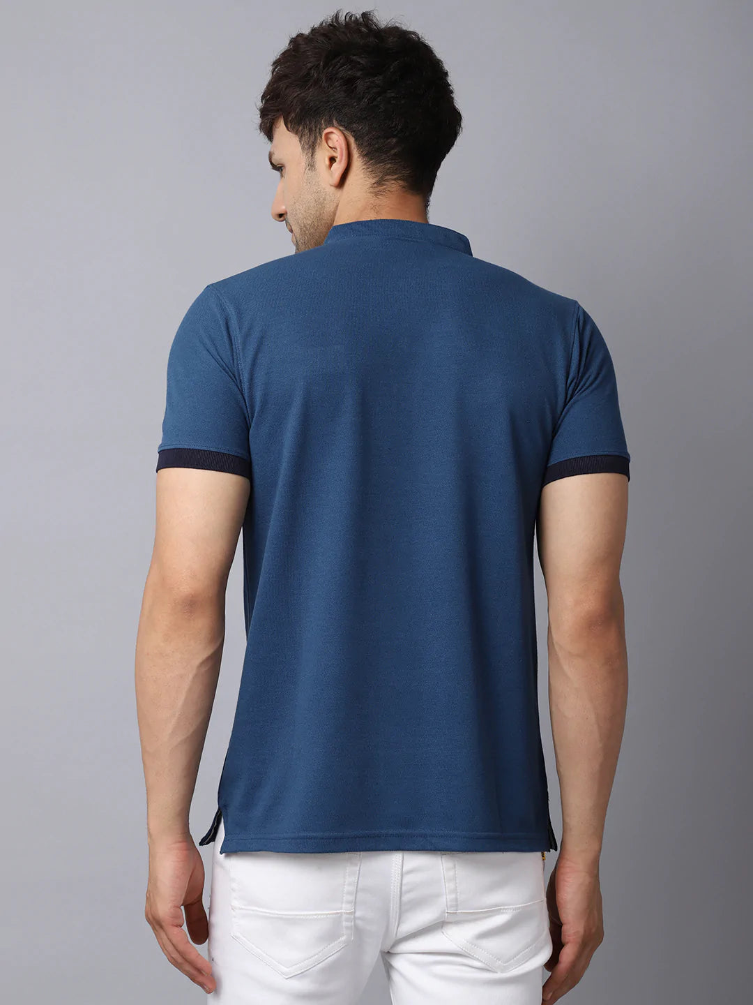 Men Blue Mandarin Collar Cotton Slim Fit T-shirt