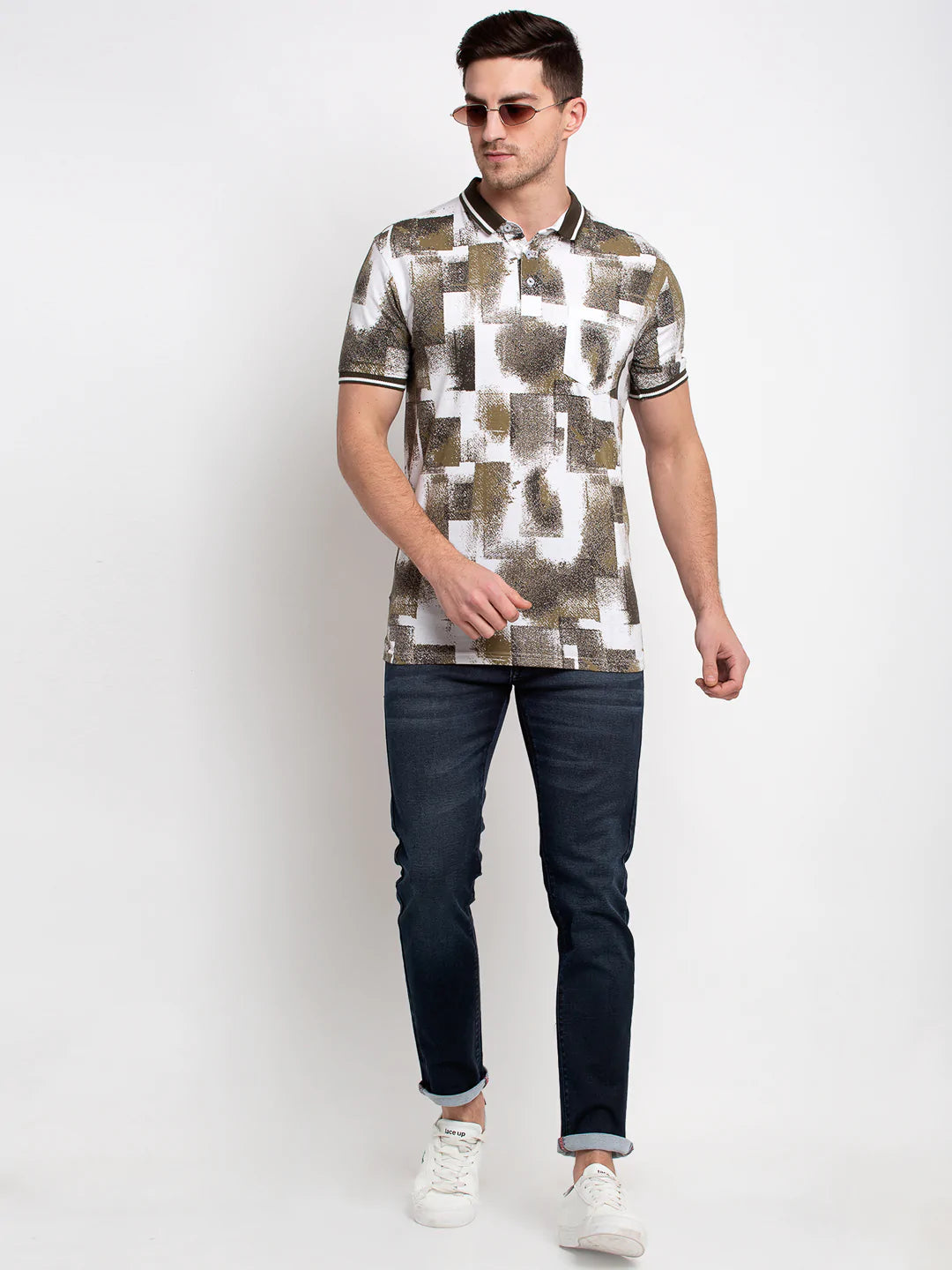 Men White  Olive Green Printed Polo Collar T-shirt