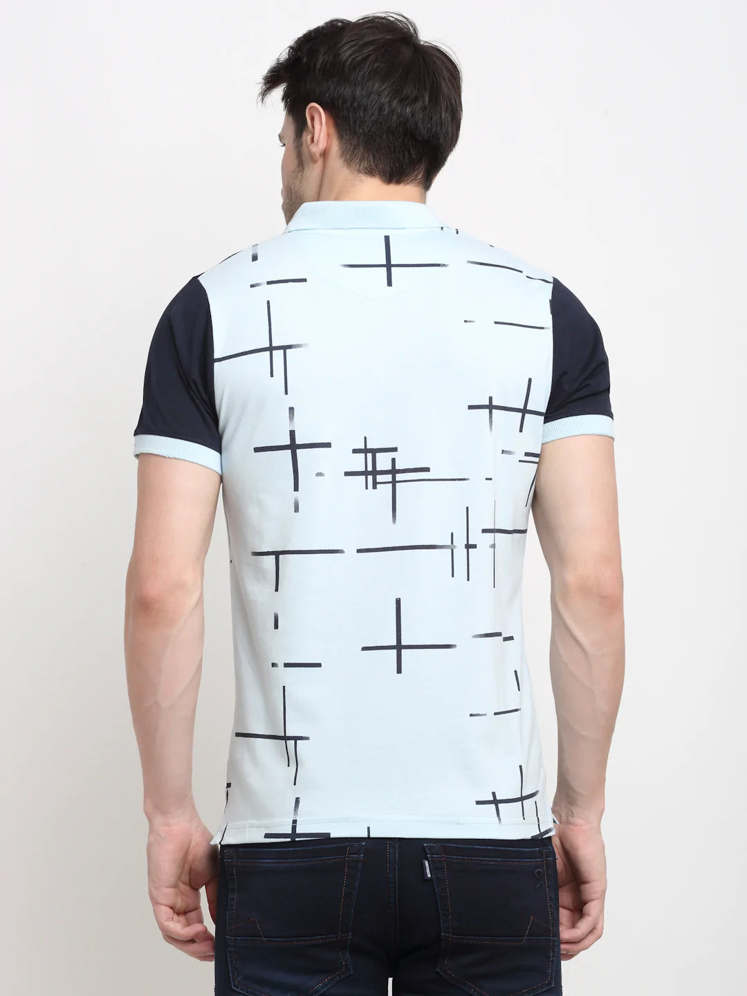 Men Blue Colourblocked Polo Collar Slim Fit T-shirt