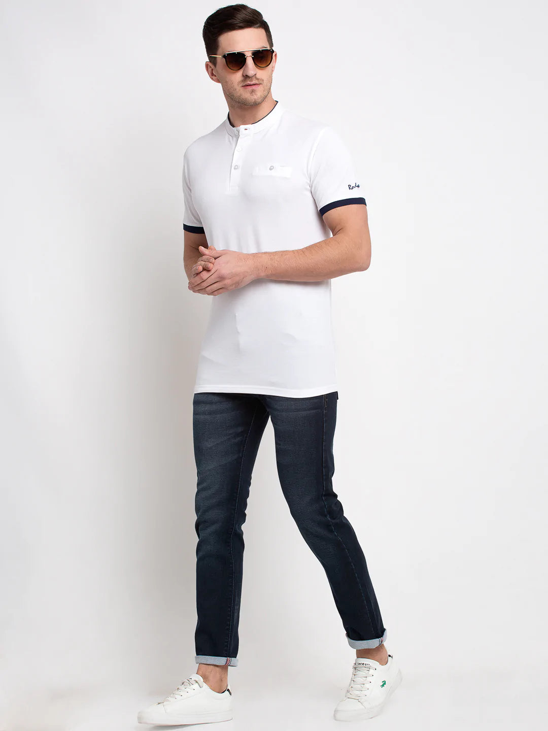 Men White Solid Slim Fit Mandarin Collar T-shirt