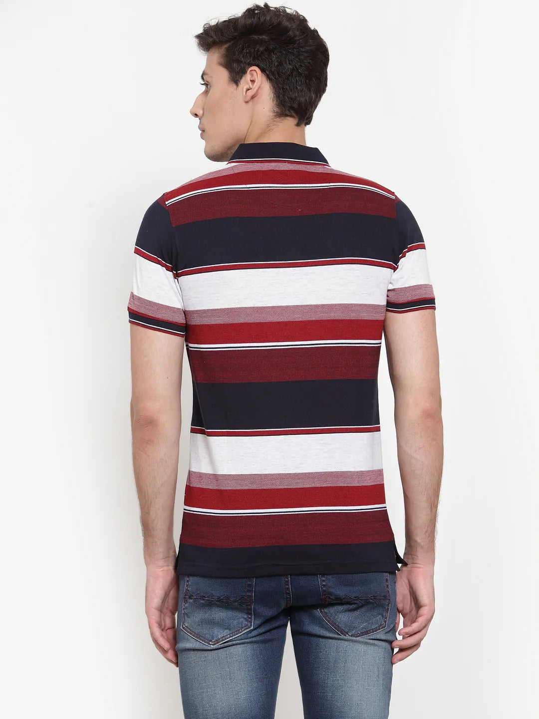 Men Maroon  Navy Blue Striped Polo Collar T-shirt