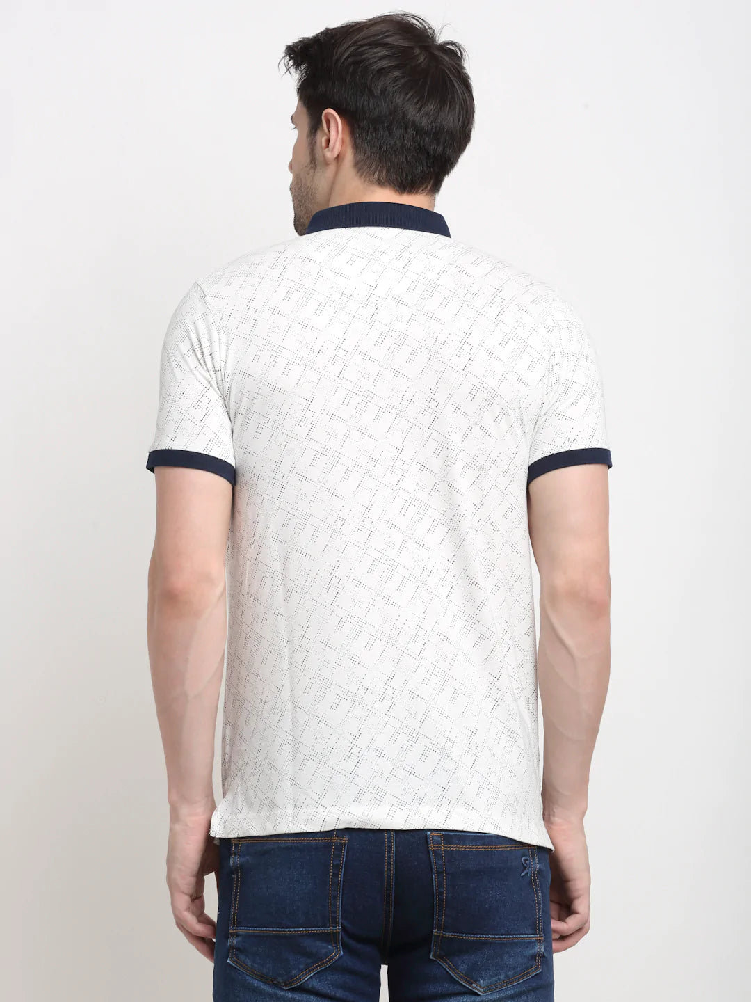 Men White  Black Printed Polo Collar Slim Fit T-shirt