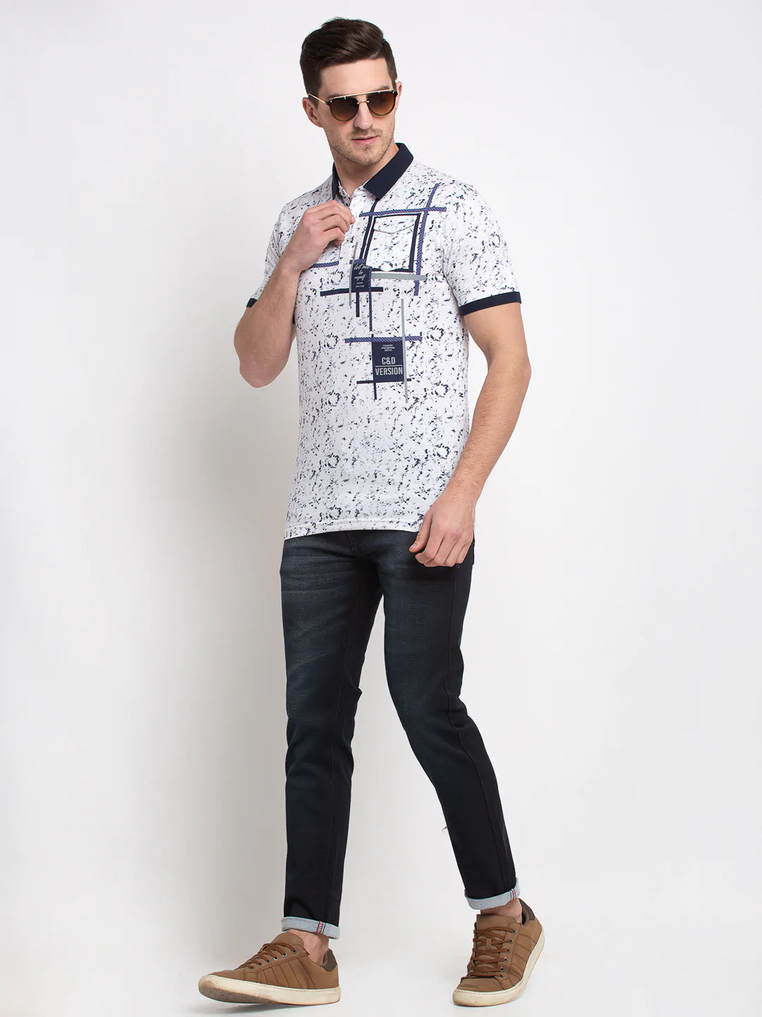 Men White Printed Polo Collar T-shirt