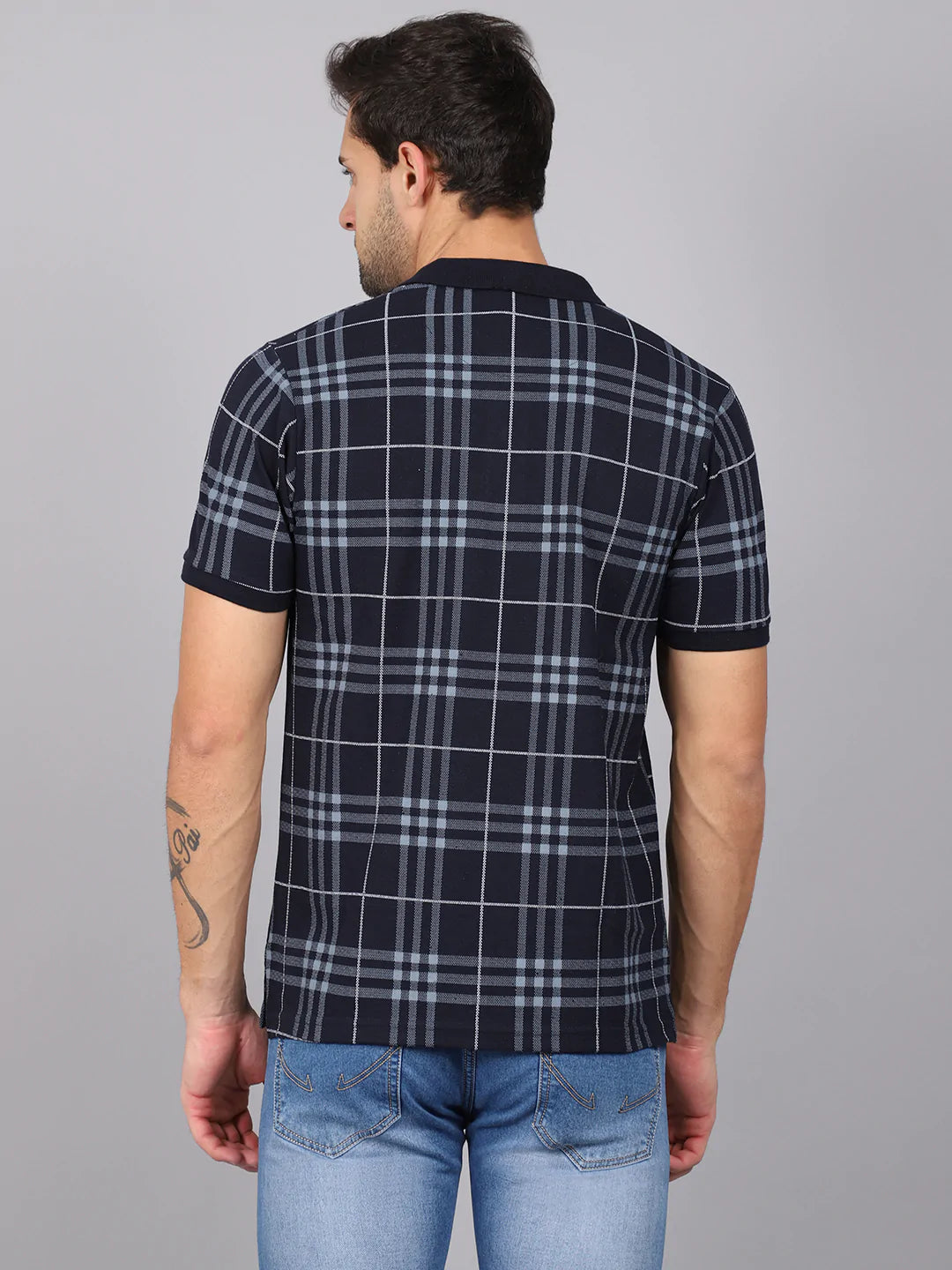 Men Blue Checked Polo Collar Slim Fit T-shirt