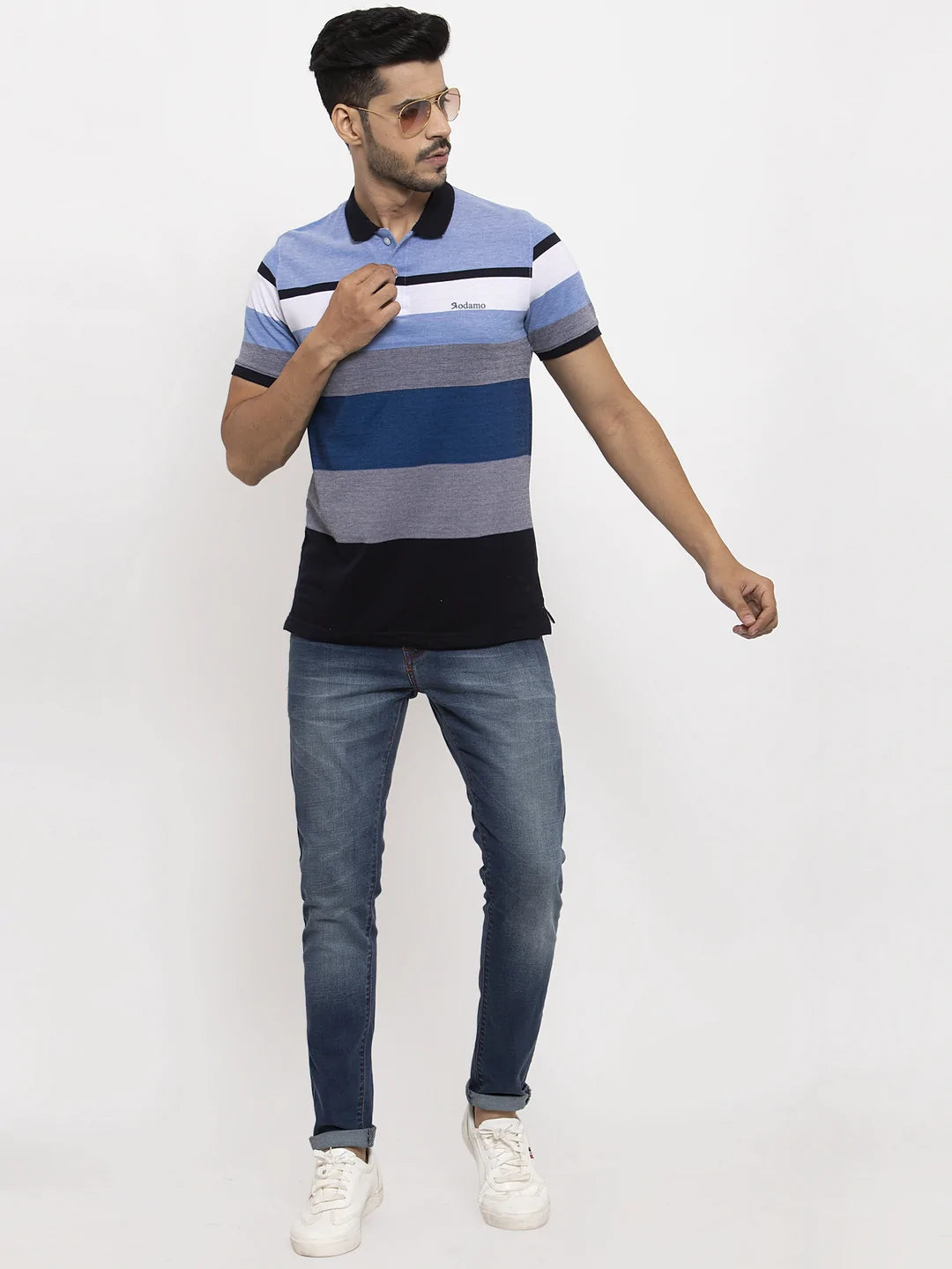 Men Grey  Blue Striped Polo Collar T-shirt