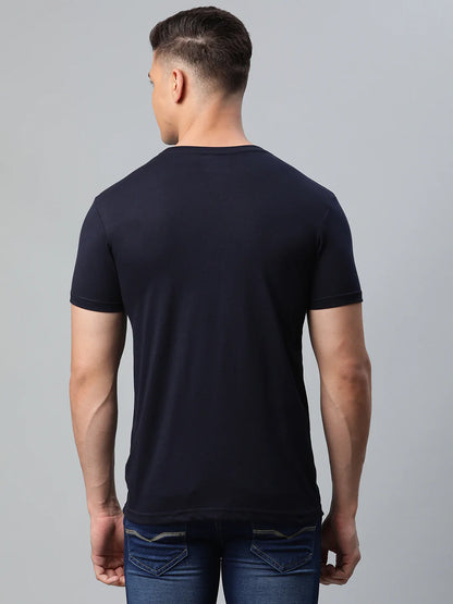 Men Navy Blue Typography Printed Slim Fit T-shirt