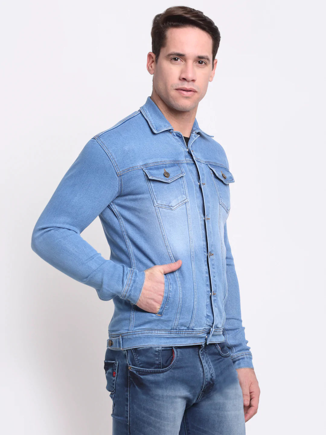 Men Blue Washed Denim Jacket with Patchwork