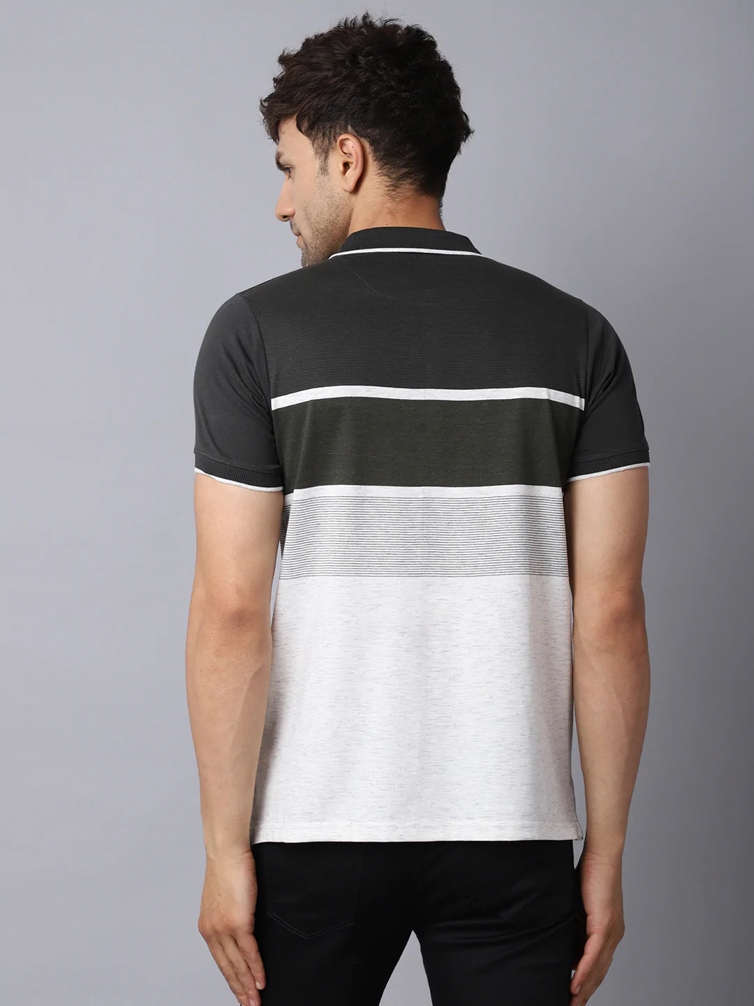 Men Black Striped Polo Collar Slim Fit T-shirt
