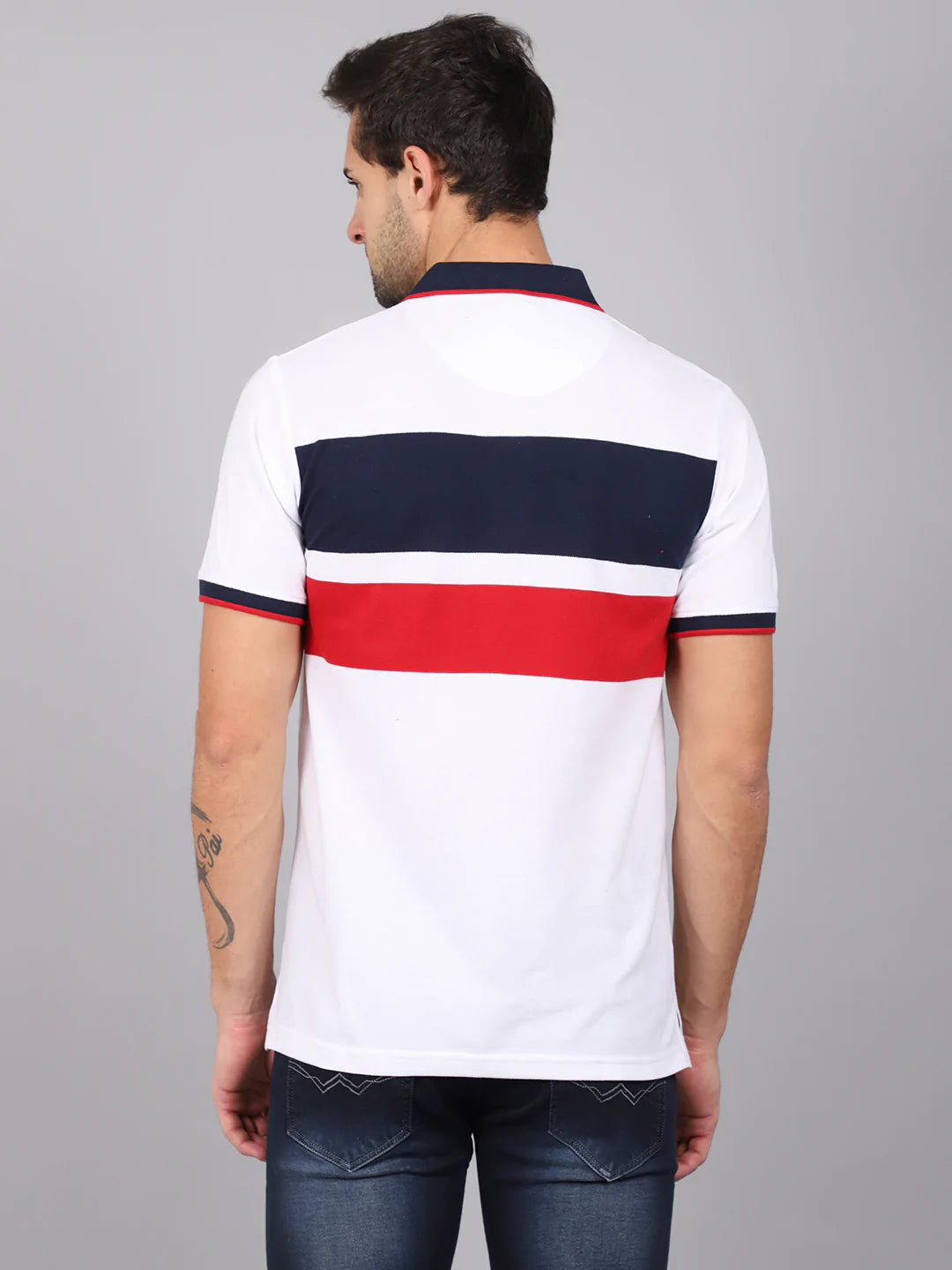 Men White  Navy Blue Striped Polo Collar Slim Fit T-shirt