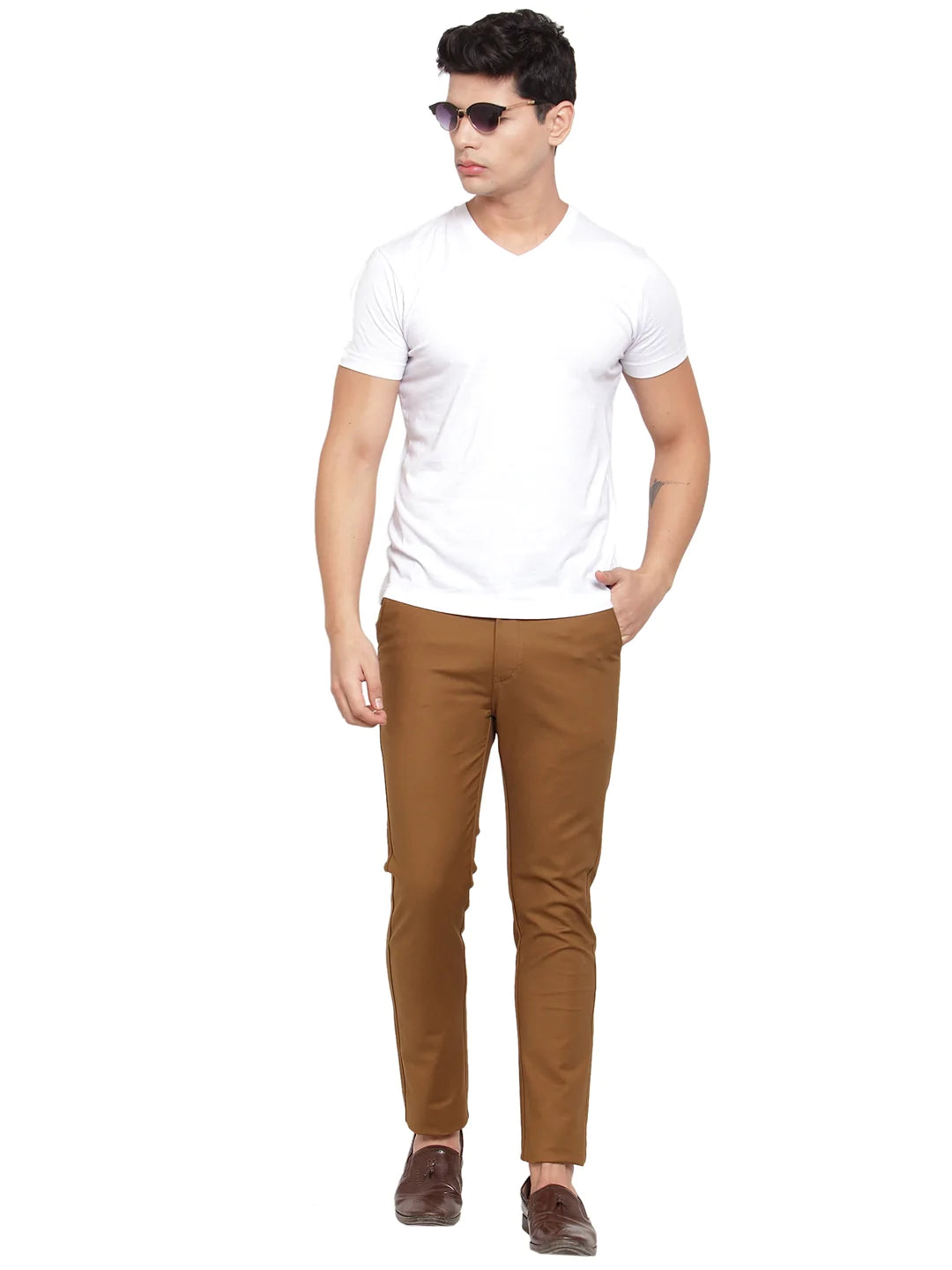 Men Brown Slim Fit Solid Regular Trousers