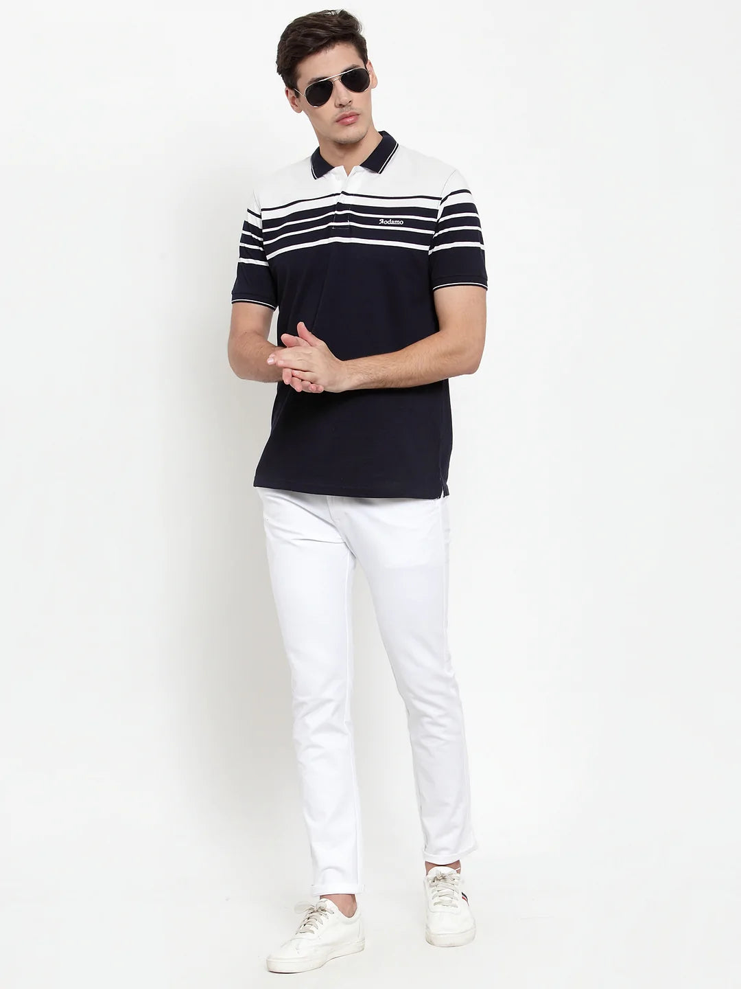 Men Navy Blue Striped Polo Collar T-shirt