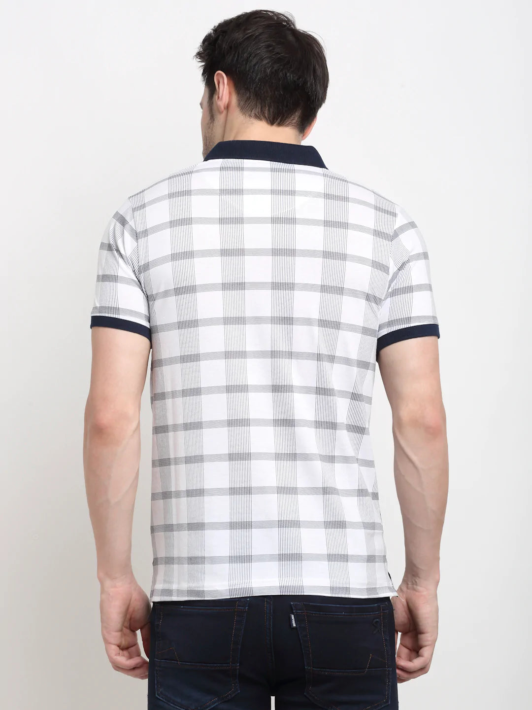 Men White Checked Polo Collar Slim Fit T-shirt