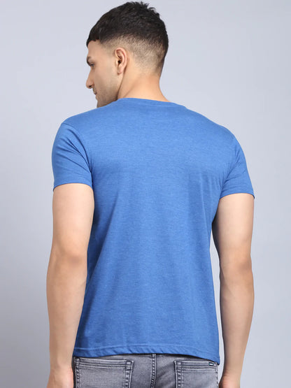 Men Blue  White Printed Slim Fit Cotton T-shirt