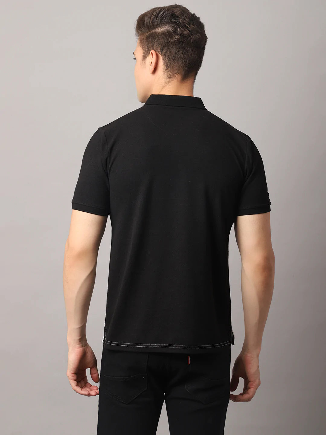 Men Black Typography Polo Collar Slim Fit T-shirt