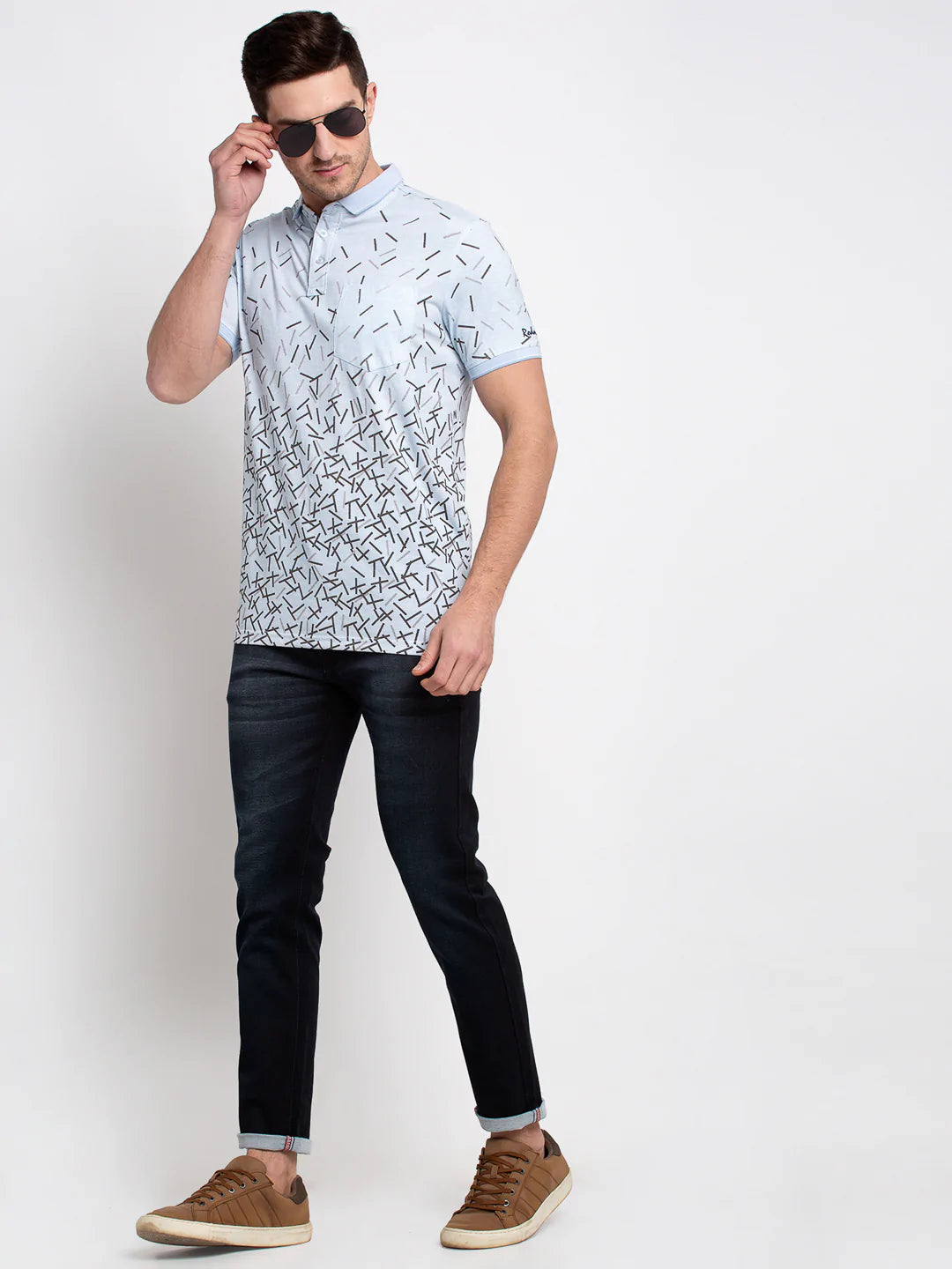 Men Blue Printed Polo Collar T-shirt