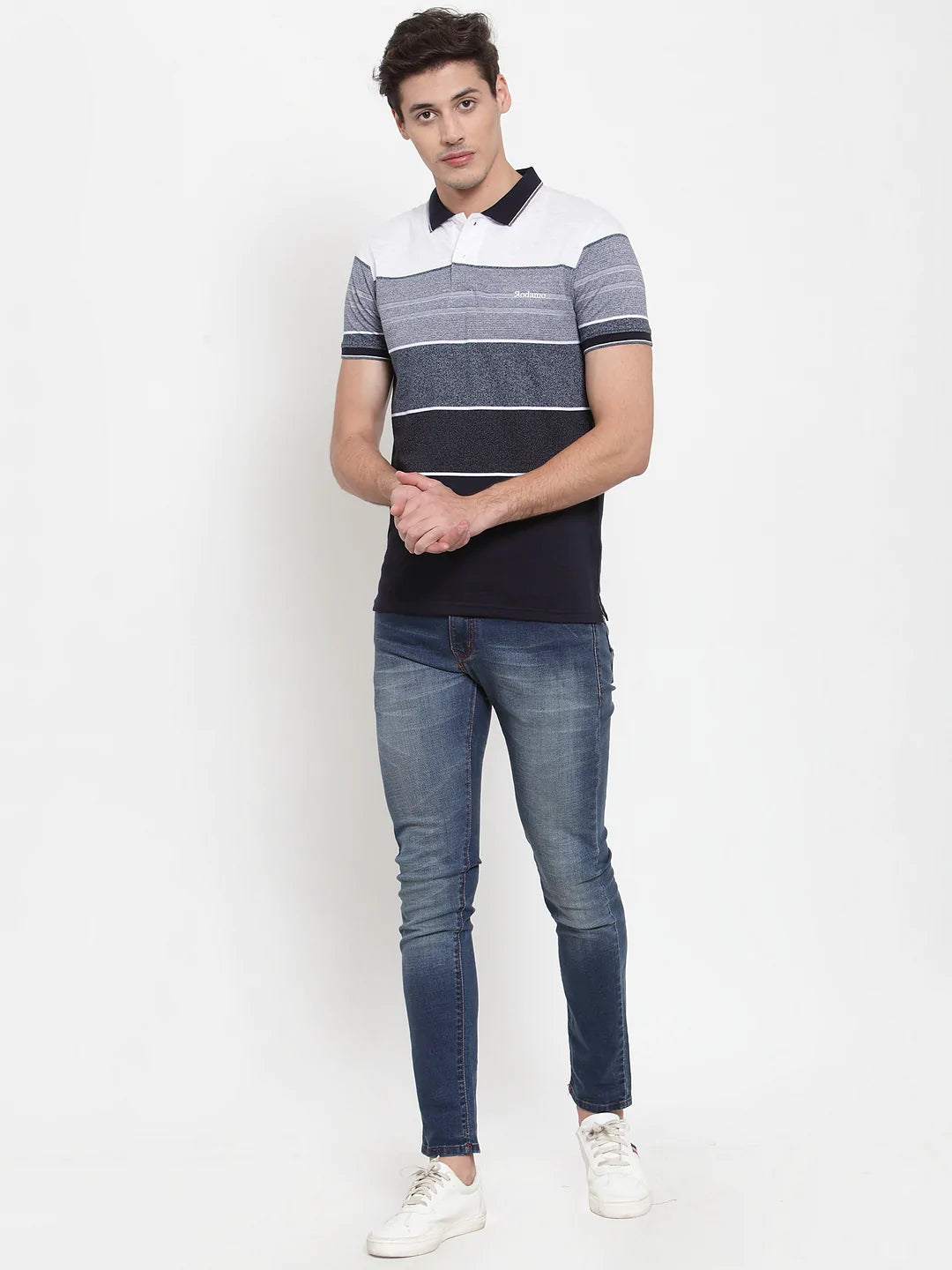 Men Grey  Navy Striped Polo Collar T-shirt