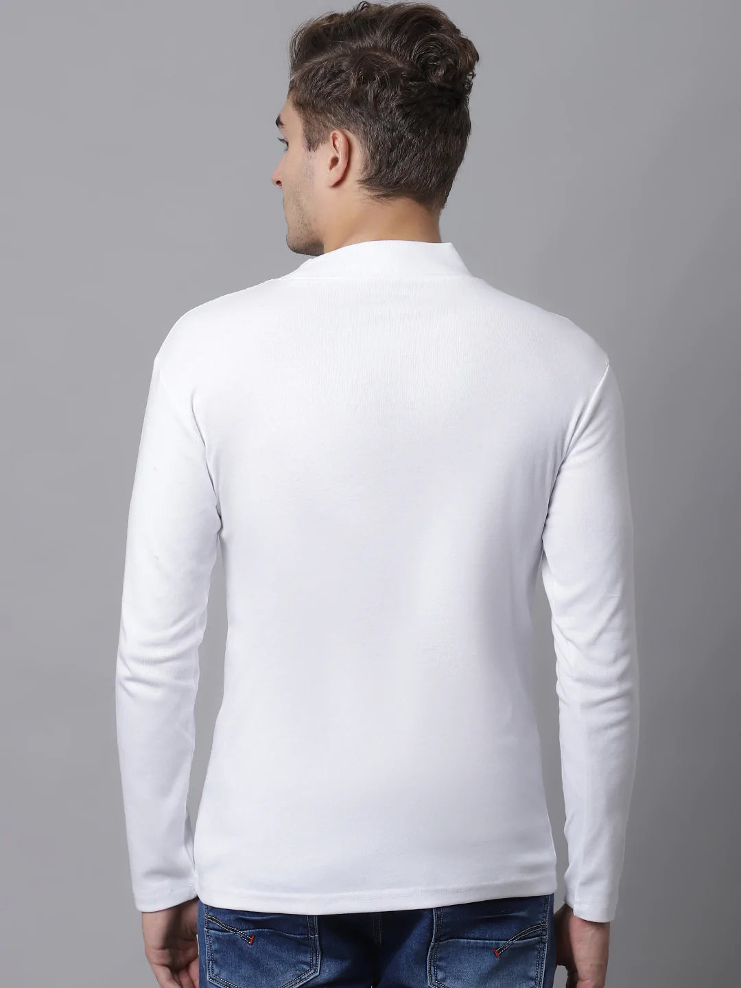 Men White High Neck Slim Fit Cotton T-shirt