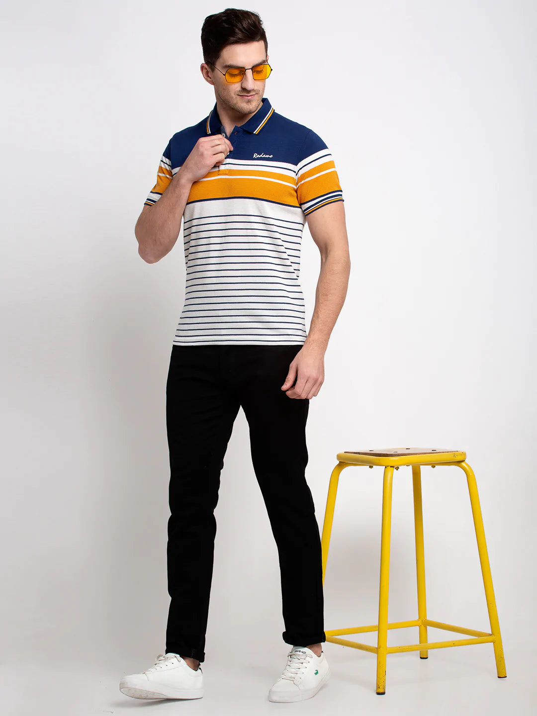 Men Multicoloured Striped Polo Collar T-shirt