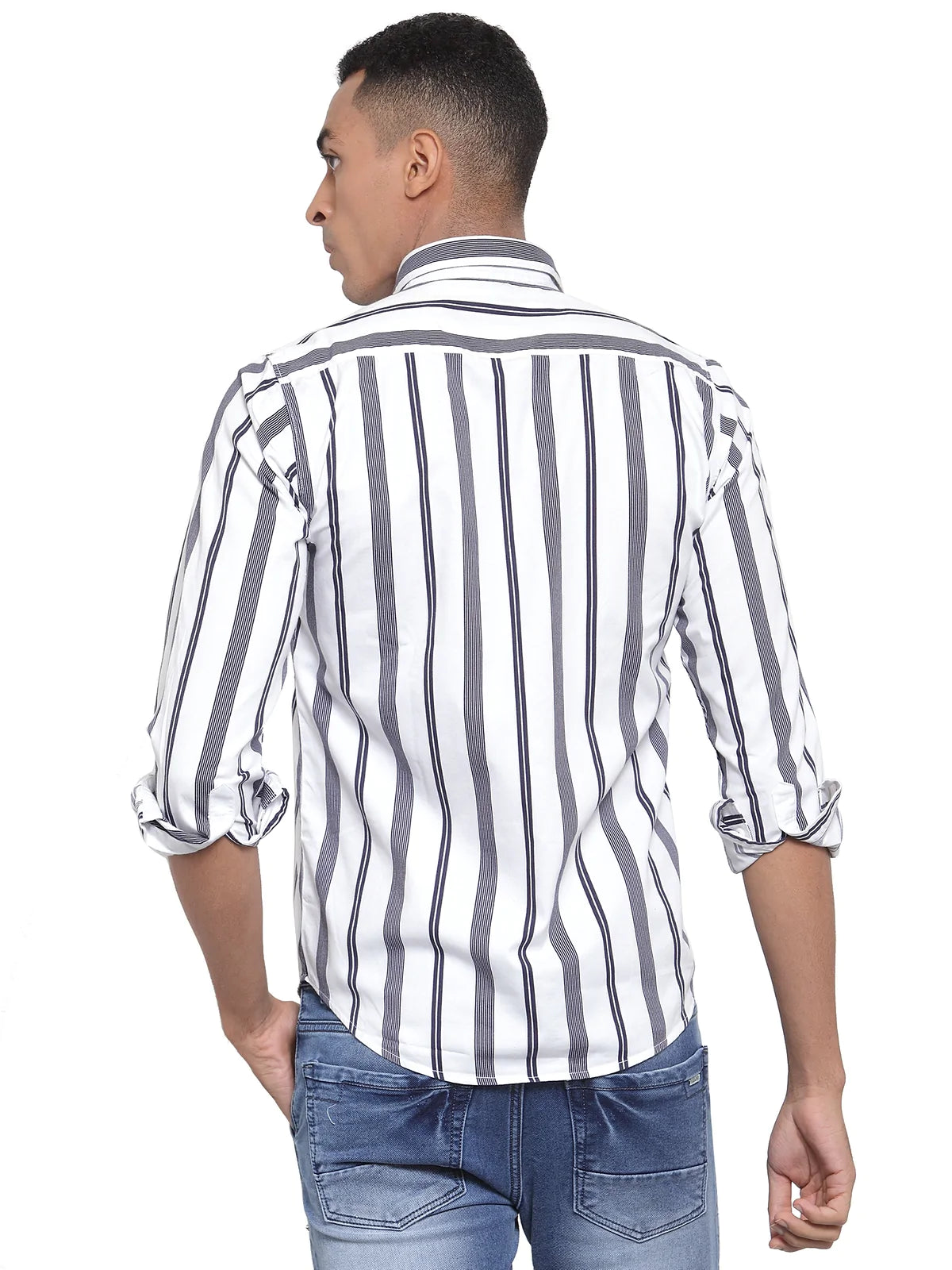 Men Navy Blue Slim Fit Striped Shirts