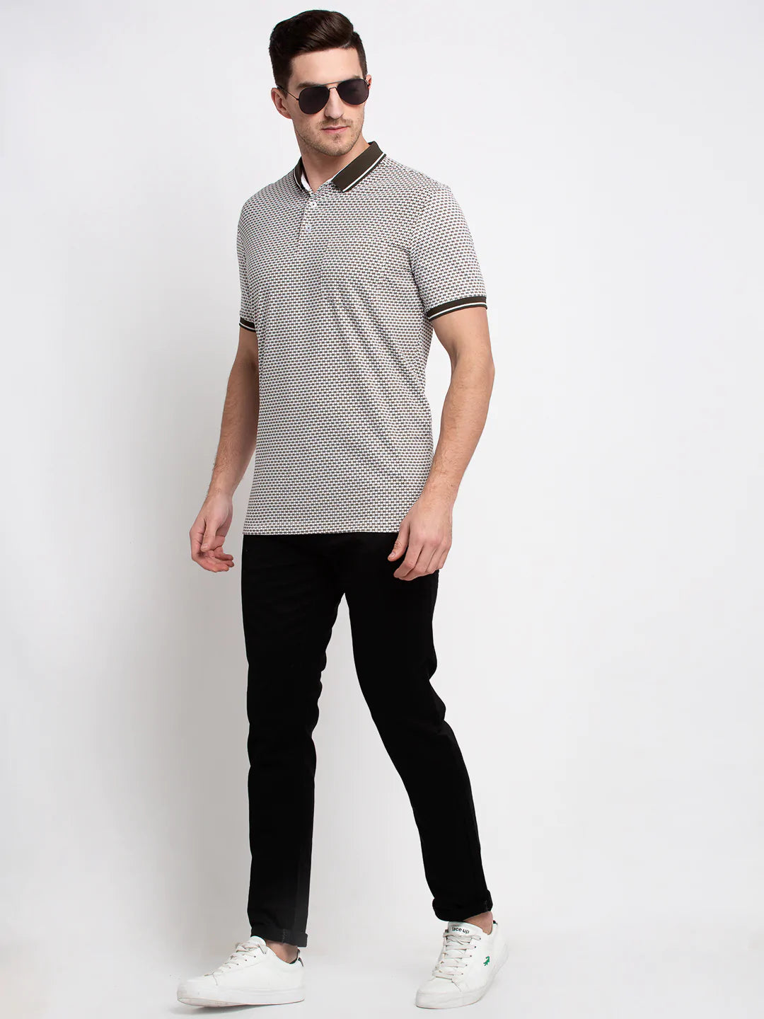 Men White  Olive Green Printed Polo Collar T-shirt