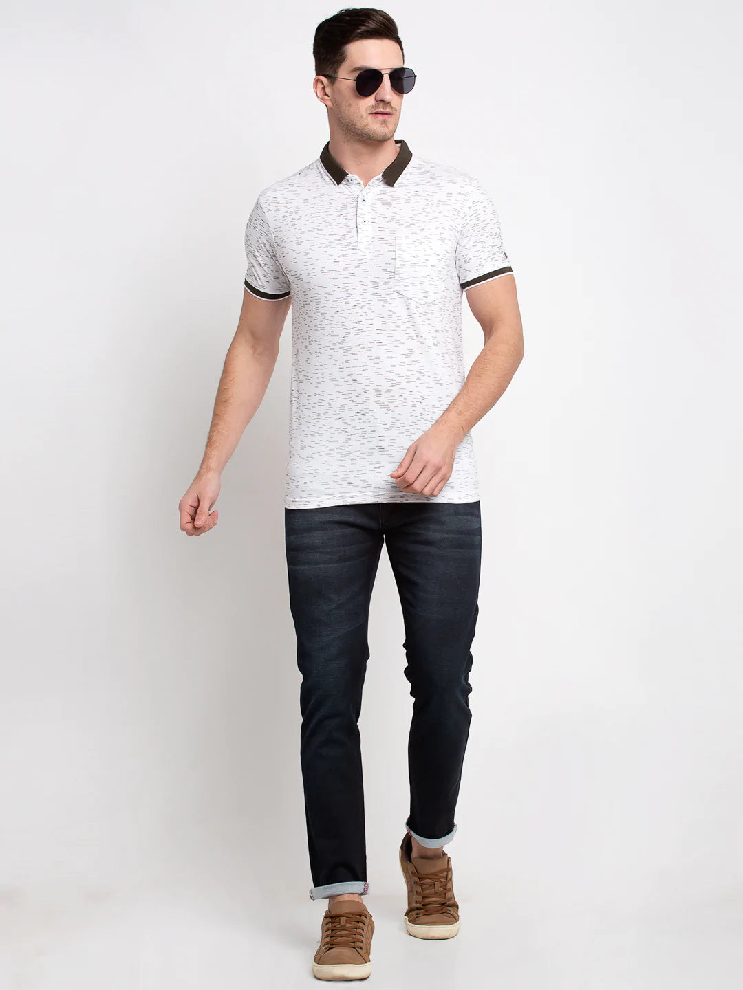 Men White Printed Polo Collar T-shirt