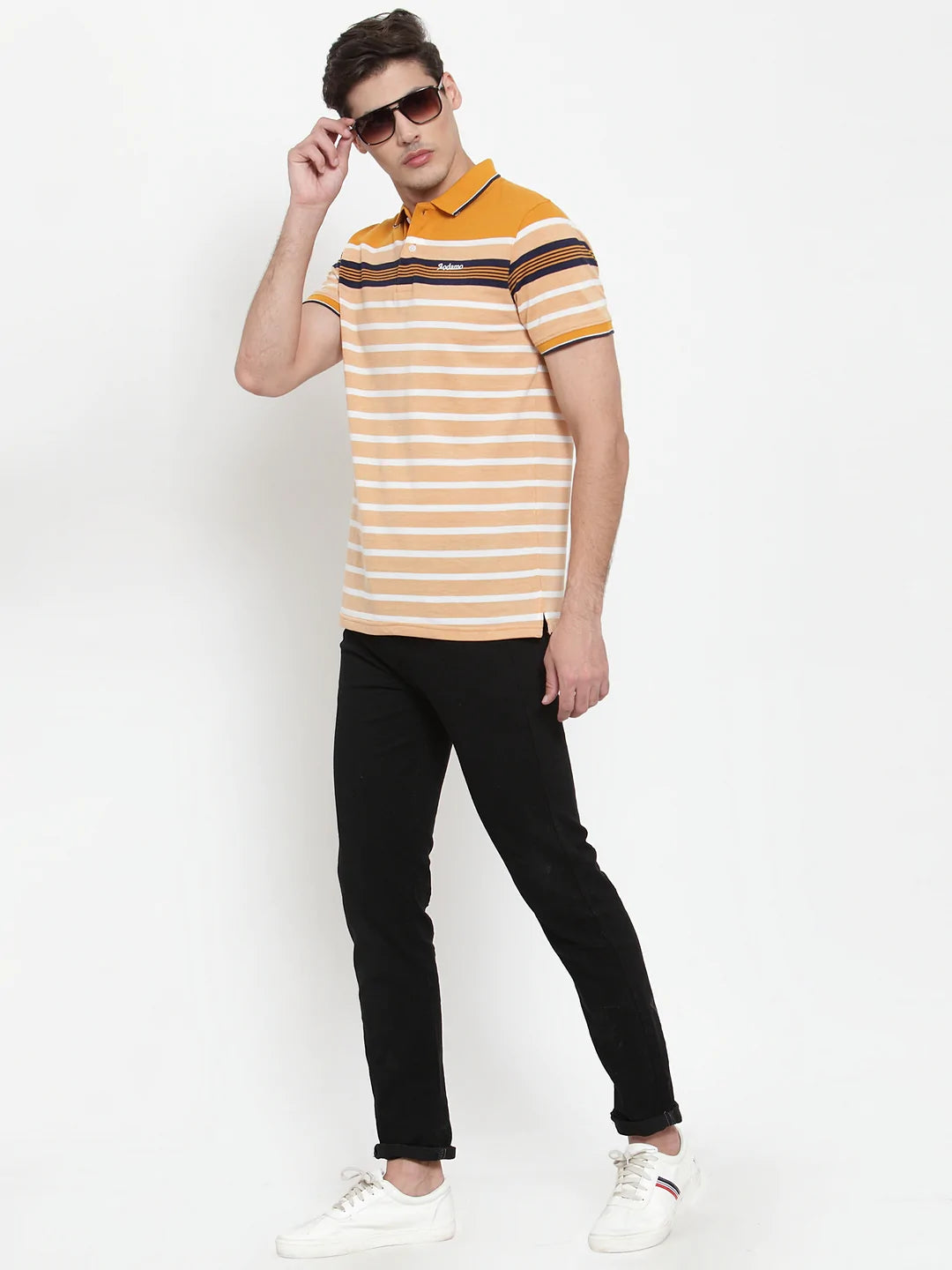 Men Mustard Yellow  White Striped Polo Collar T-shirt