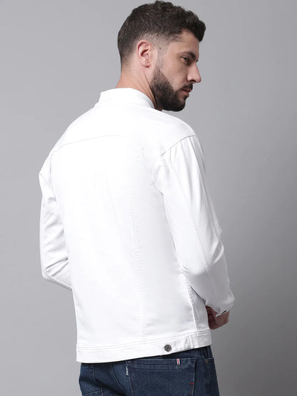 Men White Crop Denim Cotton Jacket with Patchwork
