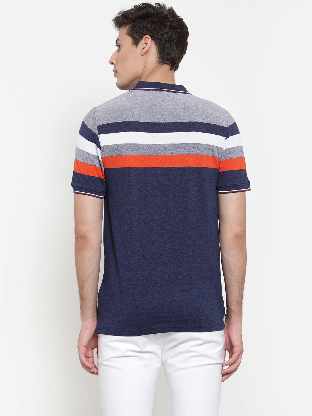 Men Navy Blue Striped Polo Collar T-shirt