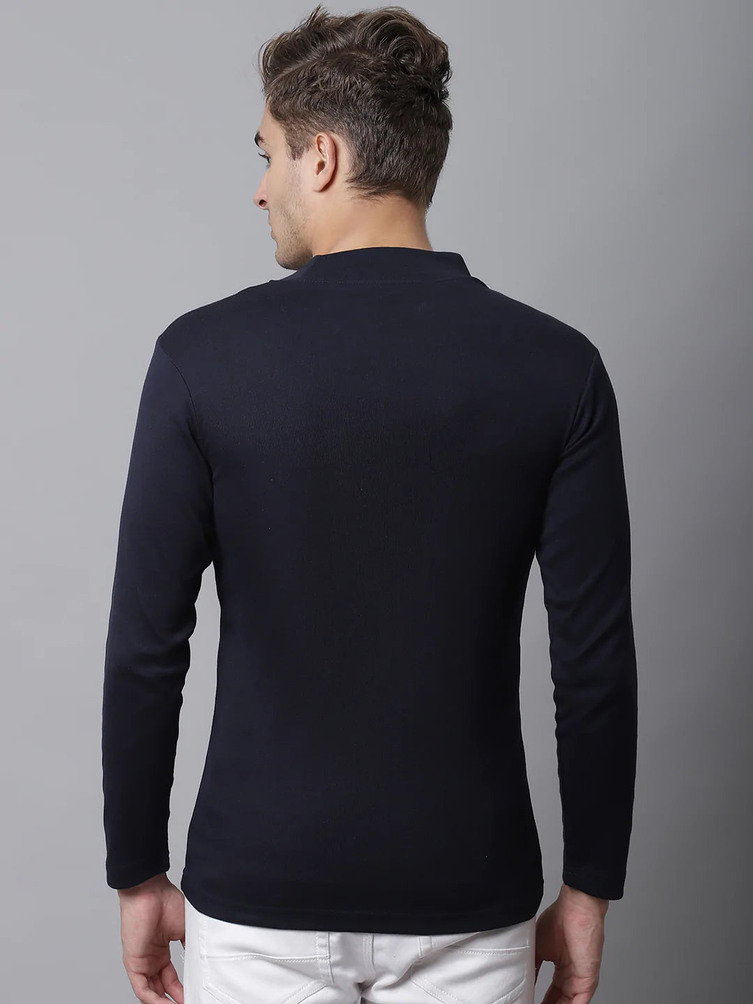 Men Navy Blue High Neck Slim Fit T-shirt