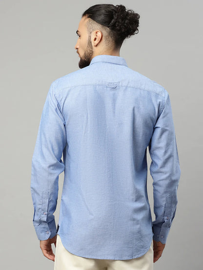 Men Blue Solid Slim Fit Cotton Casual Shirt